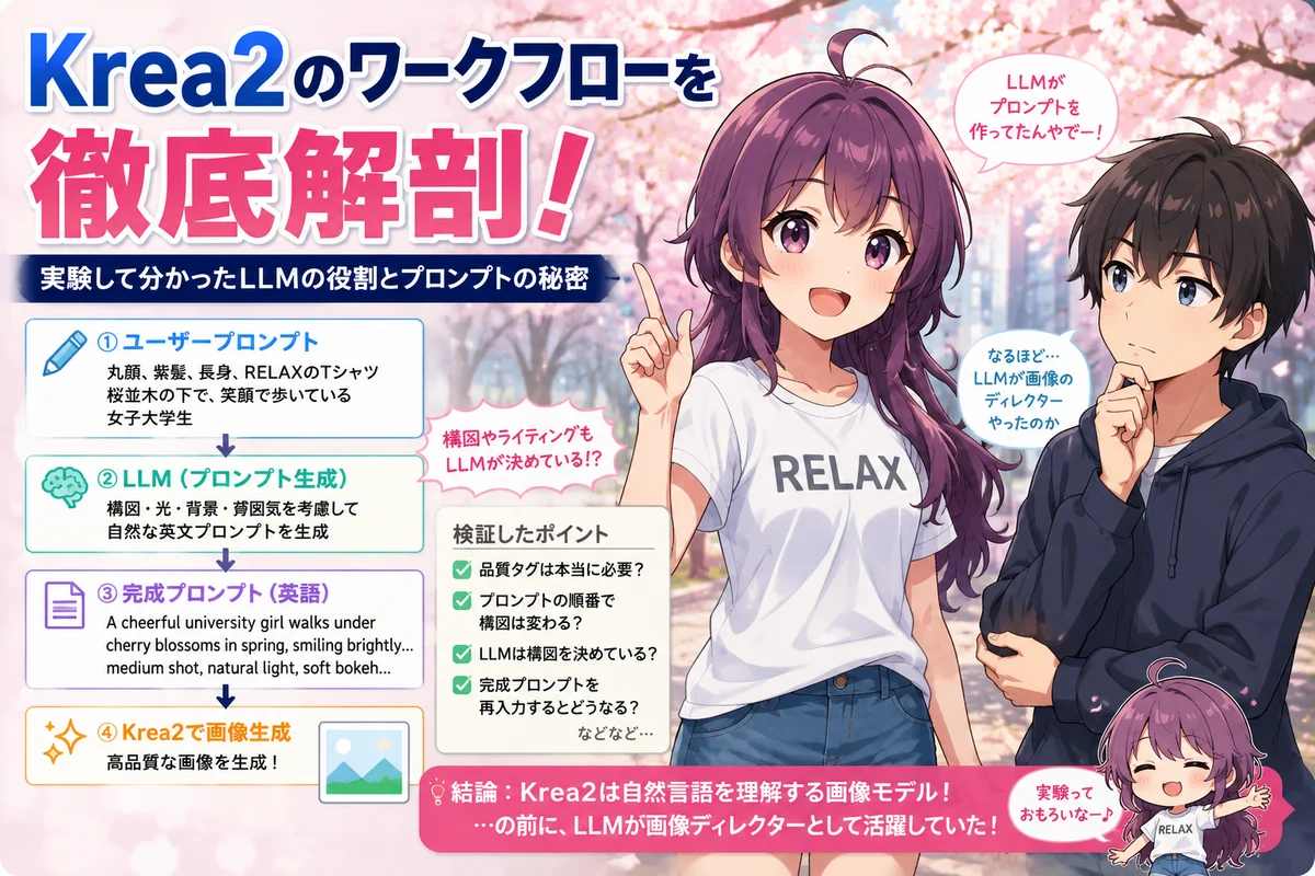 ComfyUI公式テンプレートから取得したKrea2用WFでは、前段にLLMによるプロンプト拡張処理が組み込まれていた